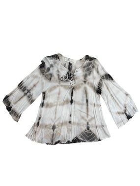 Vintage Havana Boho Tie Dye Lace-Up Bell Sleeve Top - Grey/White Size Small